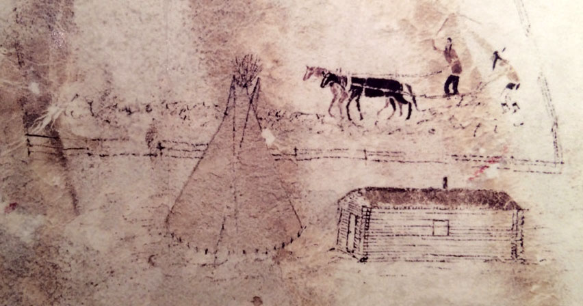 Drawing of a cabin by a tipi