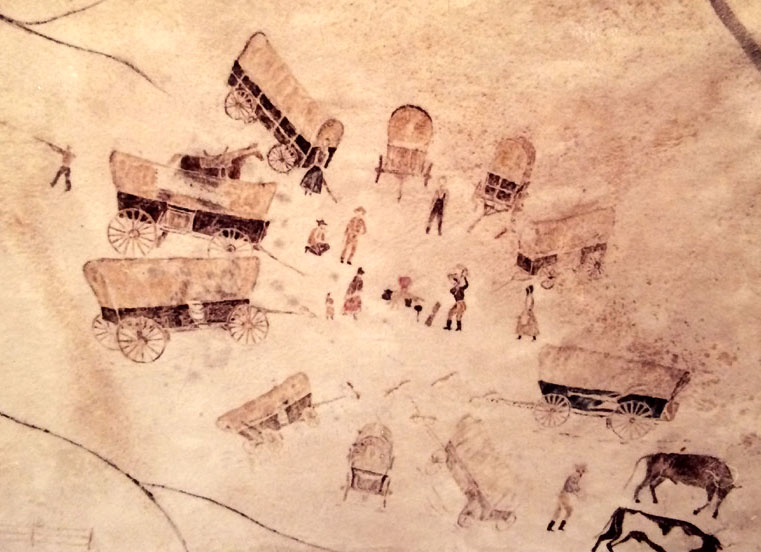 Covered wagons in a circle with people in the center drawing