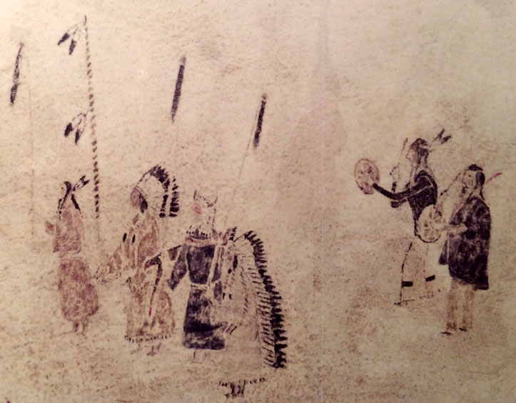 Various Crow and Shoshone members in traditional atire drawing