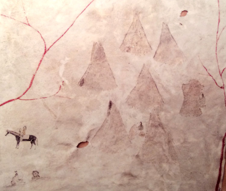 Tipi village with two men drawing